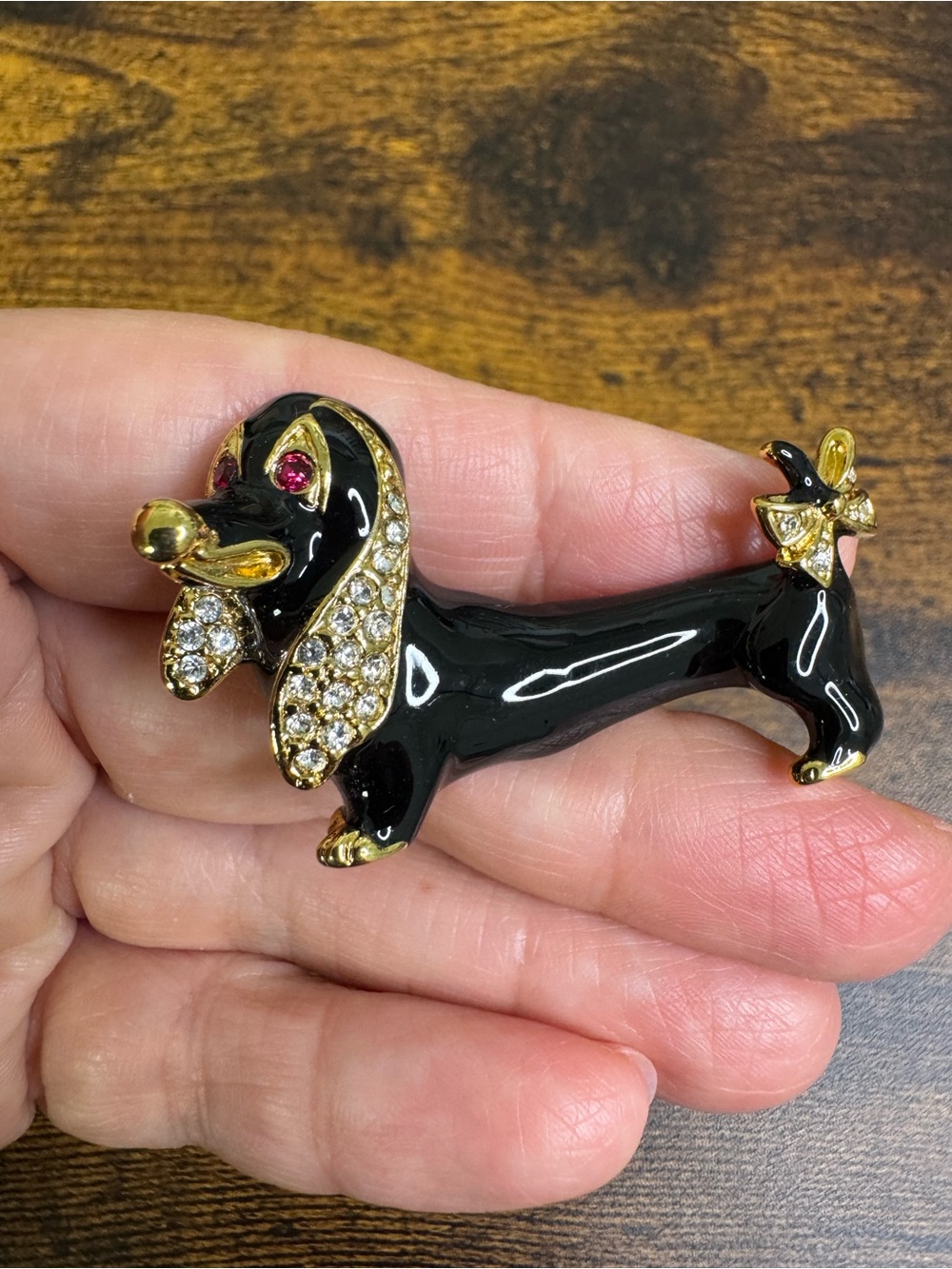 Black and Gold Dachshund Dog Brooch with Clear and Pink Crystals